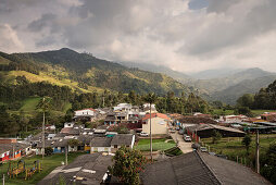 grüne Berglandschaft mit Palmen, Salento, UNESCO Welterbe Kaffee Dreieck (Zona Cafatera), Departmento Quindio, Kolumbien, Südamerika