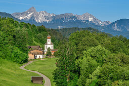 Street leading towards village of Wamberg, Daniel in background, Wamberg, Wetterstein range, Werdenfels, Upper Bavaria, Bavaria, Germany