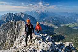 Two women ascending towards summit of Woerner, Woerner, Karwendel range, Upper Bavaria, Bavaria, Germany