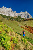 Woman hiking beneath rock walls of Kaiser, Wilder Kaiser, Kaiser range, Tyrol, Austria
