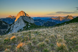 Sunset at Ruchenkoepfe with Wendelstein in background, Ruchenkoepfe, Spitzing area, Mangfall Mountains, Bavarian Alps, Upper Bavaria, Bavaria, Germany