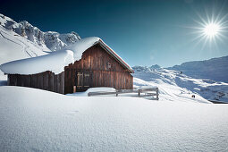 Alpine Hut in the snow, St Christoph /arlberg, Tyrol, Austria