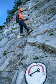 Frau steigt am Klettersteig über Schlüsselstelle zum Bettelwurf auf, Absamer Klettersteig, Bettelwurf, Karwendel, Tirol, Österreich