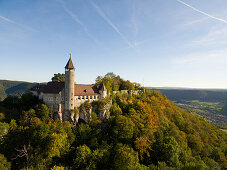 Burgruine Burg Teck, Owen, Albtrauf, Schwäbische Alb, Baden-Württemberg, Deutschland (Genehmigung für Überflug vorhanden)