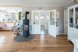 Modern Nordic Living room in family house with white and gray furniture and wooden floor, Korbach, Hesse, Germany, Europe