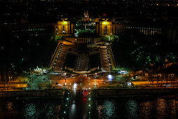 Jardins du Trocadéro seen from the Eiffel Tower at night, Paris, France, Europe