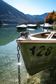 Bow of rowboat on the Sylvensteinsee, Lenggries, Bavaria, Germany