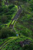 Zwei Wanderer auf einem Weg durch die grüne Landschaft im Hinterland der Insel Santiago, Kap Verde