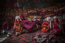 Kyrgyz women in a yurt, Afghanistan, Asia