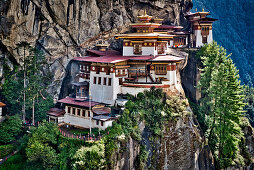 The monastery Taktshang or Taktsang or Tigernest in a rock wall, Buddhist monastery in the Parotal, Bhutan, Himalayas, Asia