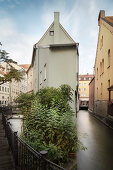 View over Hinterer Lech Canal to the Brechthaus, UNESCO World Heritage Historic Water, Augsburg, Bavaria, Germany