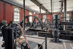 Engine room in the historic waterworks at the Hochablass, UNESCO World Heritage Historic Water Management, Augsburg, Bavaria, Germany