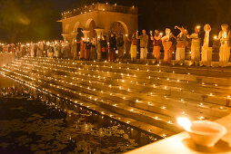 2019, Surabikund, Govardhan, Vrindavan, Uttar Pradesh, India, Surabikund explained with 8,000 ghee lamps as part of the Holy Name Retreat, devotees from Krishna sacrifice lights to Surabikund