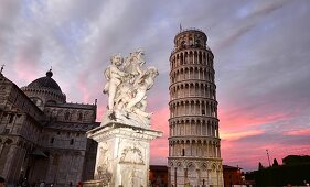 View of the Duomo and Leaning Tower in the evening light, Pisa, Toscana, Italy
