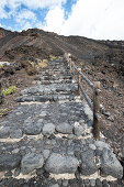Stone stairs to Echentive beach, in the background the Teneguia volcano, La Palma, Canary Islands, Spain, Europe