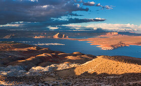 Lake Powell at Page with sun and clouds, USA