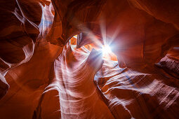 Rote Felsformationen mit Sonnenlicht im Slot Canyon des Upper Antelope Canyon bei Page, Arizona, USA