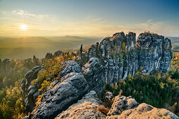 Sunset over the rock towers of the Schrammsteine, Schrammstein view, Elbe Sandstone Mountains, Saxon Switzerland National Park, Saxon Switzerland, Saxony, Germany