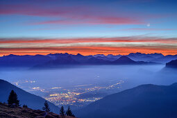 Morgenrot with moon over Inntal and Chiemgau Alps, Farrenpoint, Bavarian Alps, Upper Bavaria, Bavaria, Germany