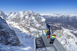 Viewing platform AlpspiX at Osterfelderkopf in the Wetterstein Mountains with a view of Waxenstein (2,277 m) and beyond the Ammergau Alps, Grainau near Garmisch-Partenkirchen, Werdenfelser Land, Upper Bavaria, Bavaria, Southern Germany, Germany, Europe