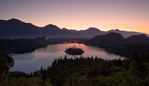 Pilgrimage Church of the Assumption on the island in Lake Bled at sunrise, Bled Slovenia