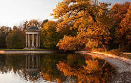 Apollo Tempel mit Baum im Schlosspark Nymphenburg im Herbst, am Wasser, München\n