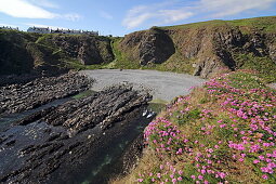 Stand-up paddler on the coast at Whinnyfold, Aberdeenshire