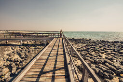 Man at the Hamelin Pool Marine Nature Reserve in Sharkbay in Western Australia, Australia, Oceania;