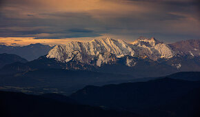 Wetterstein Mountains at sunrise from Jochberg am Walchensee, Bavaria