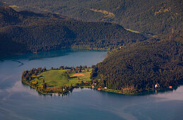 Walchensee with dwarf peninsula in the morning sun from above, Bavaria