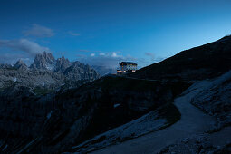 Auronzo hut at night in the Three Peaks Natural Park in the Dolomites, South Tyrol