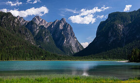 Turquoise mountain lake Toblacher See with sun in summer in the Dolomites, South Tyrol