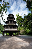 View of the Chinese tower in the English Garden, surrounded by blooming chestnut trees, Muenchen; Bavaria; Germany; Europe