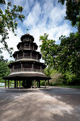 Blick auf den chinesischen Turm im Englischen Garten, umrandet von blühenden Kastanienbäumen, München, Bayern, Deutschland