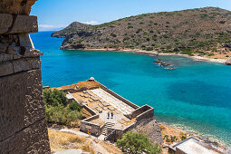 View from south bastion to sea, Spinalonga, island of lepers, Plaka, northeastern Crete, Greece