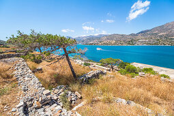 View of sea with ships, Spinalonga, Plaka, northeastern Crete, Greece