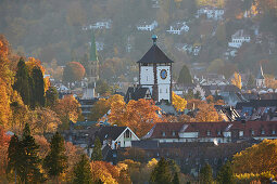 Schwabentor in autumn leaves, Freiburg, Breisgau, Southern Black Forest, Black Forest, Baden-Wuerttemberg, Germany, Europe