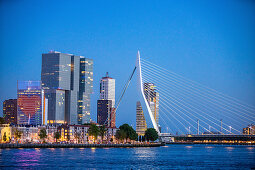 Blick über die Neue Maas auf den beleuchteten Stadtteil Zuid und Kop van Zuid während der blauen Stunde, Rotterdam, Niederlande