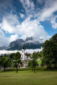 View of St. John the Baptist Church in Grainau, in the background the Waxenstein, Grainau, Bavaria, Germany, Europe