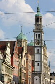 Perlach tower and facade of the town hall, seen from the cathedral, Augsburg, Swabia, Bavaria, Germany