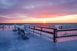 Dahme pier with icicles, sunrise, Baltic Sea, winter, Schleswig-Holstein, Germany