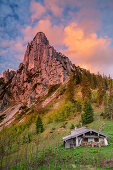 Traditionelles Almgebäude mit Hörndlwand, Hörndlwand, Chiemgauer Alpen, Chiemgau, Oberbayern, Bayern, Deutschland