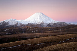 Sunset at Mount Ngauruhoe in the Taupo District, Tongariro National Park in New Zealand.