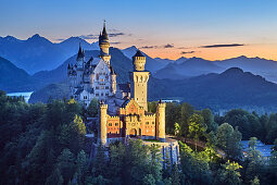  Schloss Neuschwanstein, beleuchtet, vor Tannheimer Bergen, Neuschwanstein, Ammergebirge, Ammergauer Alpen, Schwaben, Bayern, Deutschland