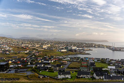 Elevated view of the capital of the Faroe Islands, Thorshavn, at sunrise.