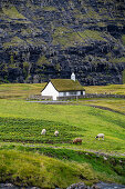 Kirche mit grasbewachsenem Dach an einem der schönsten Orte der Welt, Saksun, Insel Streymoy auf den Färöer Inseln