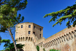 Alte Stadtmauer mit Wehrturm und Bäumen im Park, Jesi, Provinz Ancona, Marken, Italien