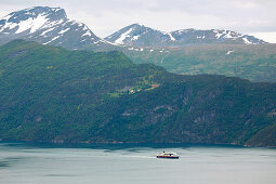 Hurtigruten - ship Midnatsol on the Storfjorden near Stranda, Moere og Romsdal, Norway, Europe