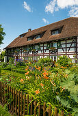 Half-timbered house with cottage garden, Seefelden, Uhldingen, Lake Constance, Baden-Württemberg, Germany