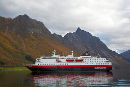 Hurtigruten in the Hjoerundfjorden near Urke, Nahe Alesund, Moere og Romsdal, Norway, Europe